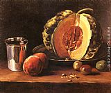 Still life with a Pumpkin, Peaches and a Silver Goblet on a Table Top by Francois Bonvin